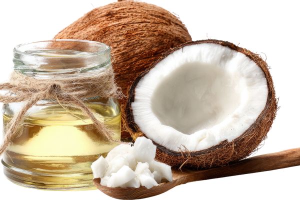 Huile de coco vierge présentée avec une noix de coco ouverte